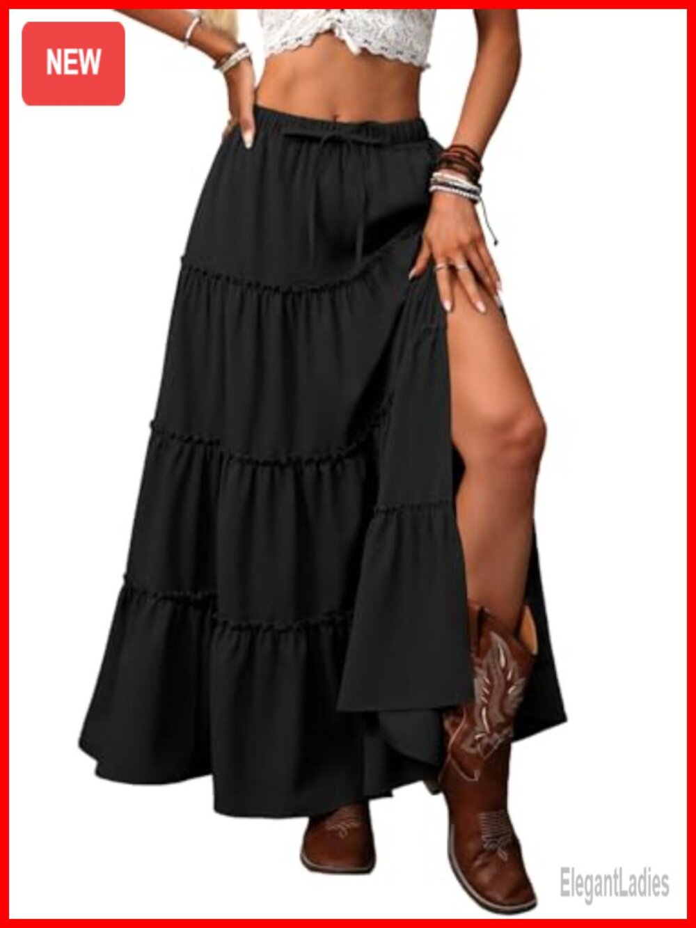 Boho Maxi Skirt with Pockets Elastic Waist Side Slit A-Line Flowy Summer